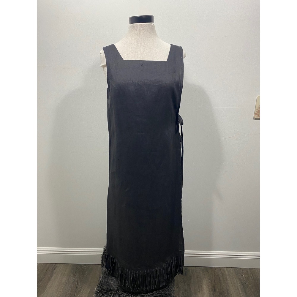 VTG Harve Benard Petite Linen Fringe Hem Wrap Dress Lagenlook Black 10P NWT Boho